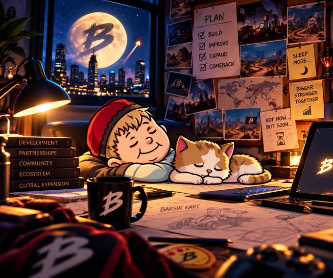 An anime-style digital illustration of a character with a red beanie sleeping next to a cat, with a Bitcoin-themed plan checklist on the wall reading 'BUILD, IMPROVE, EXPAND, COMEBACK'.