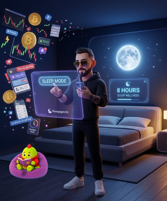 A 3D cartoon-style illustration of a bearded man wearing sunglasses and a black hoodie, interacting with a 'SLEEP MODE' holographic interface, with a small green dinosaur character on a pink cushion and cryptocurrency (Bitcoin) charts floating nearby.