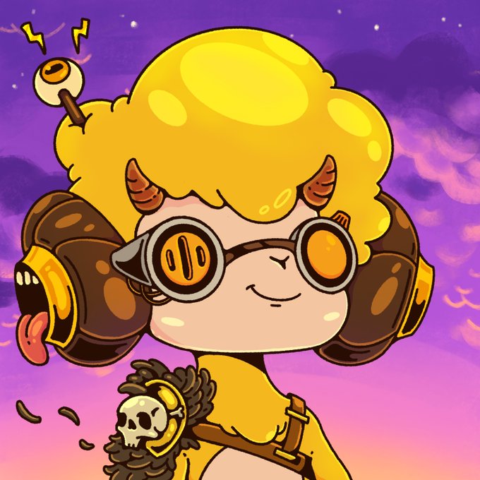 A colorful cartoon illustration of a sheep-like character with curly yellow wool, wearing goggles and headphones, with a skull accessory on its shoulder.