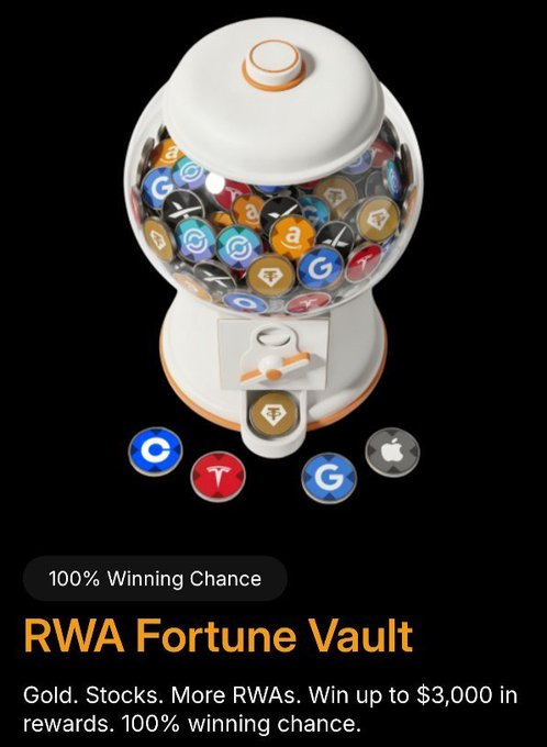 A promotional image featuring a gumball-style "fortune vault" filled with colorful capsules labeled with logos for Apple, Tesla, Amazon, Google, Coinbase, and gold, promoting the "RWA Fortune Vault" campaign offering a 100% winning chance to win up to $3,000 in rewards tied to real-world assets like stocks and gold, matching Bybit's campaign where users collect up to 12 Fortune Tickets to unlock these prizes.