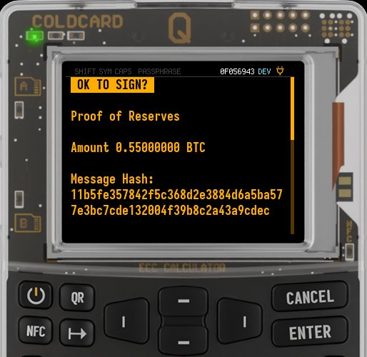 A Coldcard Q hardware wallet screen displays a BIP322 "Proof of Reserves" signing prompt for 0.55 BTC, showing the message hash ready for cryptographic signature verification. This demonstrates how wallet owners can cryptographically prove ownership of their Bitcoin holdings without exposing private keys, addressing the very issue raised in the post about proving reserves to clients.
