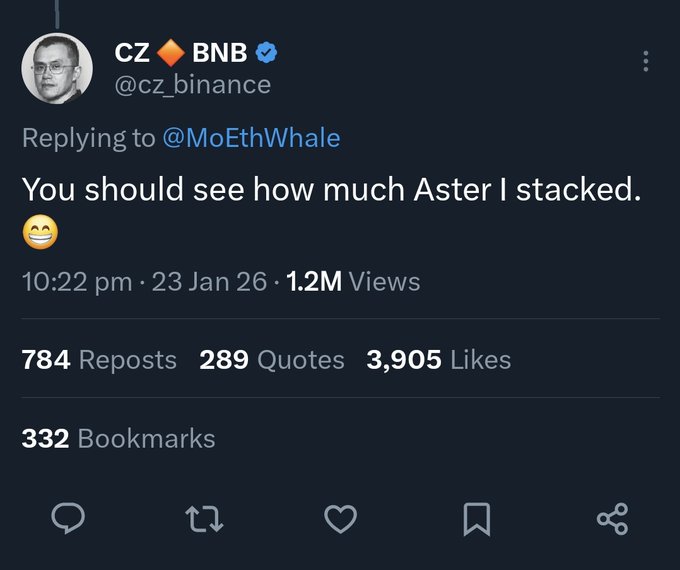 The image features a social media platform with a post where a user has posted, "This tweet by Cz binance about aster still makes me belive that aster will be huge in 2026". The post includes several mentions of Cz binance and a Twitter account, showing that the content is related to the company or its users. The text "You should see how much aster I stacked." has been added, indicating a conversation or interaction between the user and someone else on the platform.