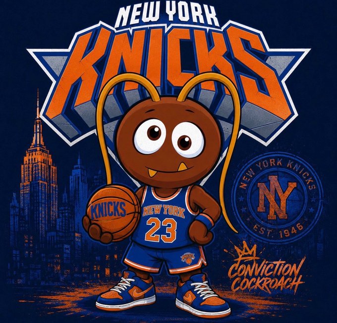 A cartoon character in a New York Knicks jersey (#23) holds a basketball under the 'NEW YORK KNICKS' logo, with 'CONVICTION COCKROACH' text and the 'EST. 1946' emblem, set against a NYC skyline.