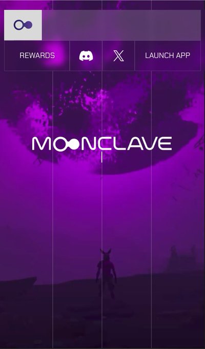 Promotional image for "Moonclave" featuring a purple cosmic landscape with a silhouetted figure, a logo in the top-left, and navigation buttons for "REWARDS," Discord, X, and "LAUNCH APP." It visually supports the post's description of Moonclave as a platform where users can take positions on predictions, such as forecasting ETH price movements.