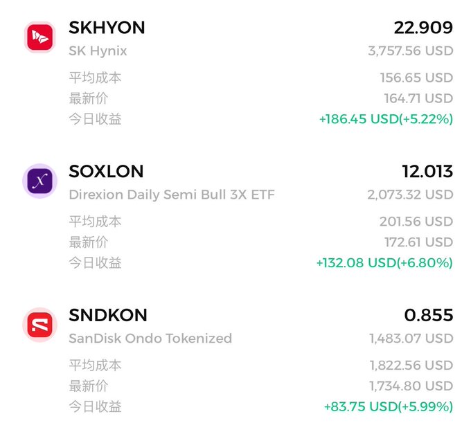 A stock portfolio screenshot showing three holdings: SKHYON (SK Hynix) at 22.909 with +5.22% gains, SOXLON (Direxion Daily Semi Bull 3X ETF) at 12.013 with +6.80% gains, and SNDKON (SanDisk Ondo Tokenized) at 0.855 with +5.99% gains, all in green text indicating positive daily returns.