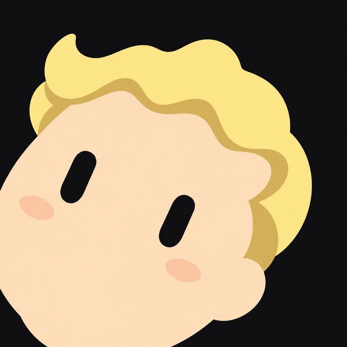 A cartoon-style illustration of a character with blonde hair, black oval eyes, and pink cheeks against a dark background.