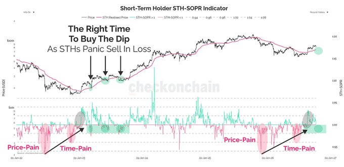 This image shows a "Short-Term Holder STH-SOPR Indicator" chart tracking Bitcoin price against the STH-SOPR ratio, with annotations highlighting "The Right Time To Buy The Dip As STHs Panic Sell In Loss" during early June 2025, and labeling periods of "Price-Pain" and "Time-Pain" in the lower oscillator pane. The chart visually supports the post's theme of investor FOMO and panic-selling during corrections, illustrating how buying during short-term holder capitulation phases has historically preceded major Bitcoin price recoveries.