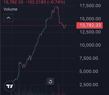 A stock/crypto chart showing a price of 13,782.33 with a -0.74% change, displaying significant volatility on a dark TradingView interface.