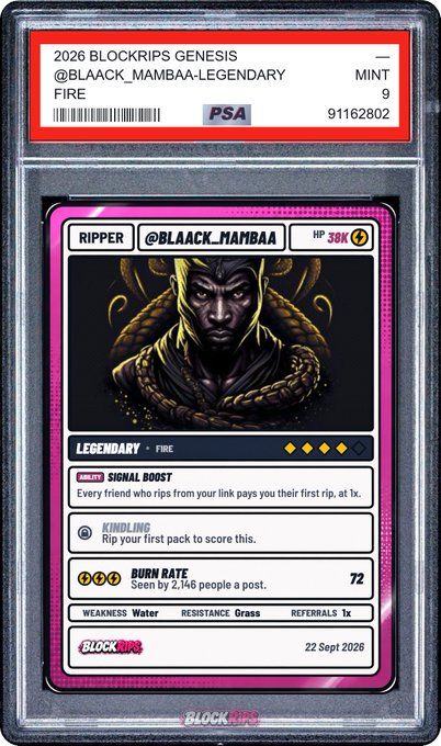 A graded PSA trading card displays '2026 BLOCKRIPS GENESIS @BLACK_MAMBAA-LEGENDARY FIRE' with a MINT 9 rating and a character illustration labeled 'RIPPER'.
