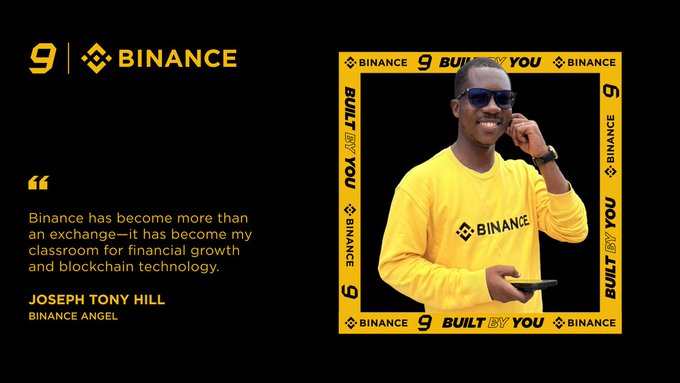 A promotional Binance graphic featuring Joseph Tony Hill, identified as a "Binance Angel," wearing a yellow Binance sweatshirt and sunglasses while holding a phone. The image includes his quote: "Binance has become more than an exchange—it has become my classroom for financial growth and blockchain technology," framed by Binance's "BUILT FOR YOU" branding.