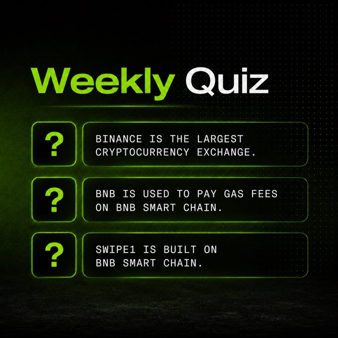 A dark-themed "Weekly Quiz" graphic with neon green accents displays three True/False questions about Binance, BNB, and Swipe1, each marked with a question mark icon. The quiz aligns with a Swipe1 promotional post offering $300 USDT in prizes for users who can correctly answer all three crypto-related questions.
