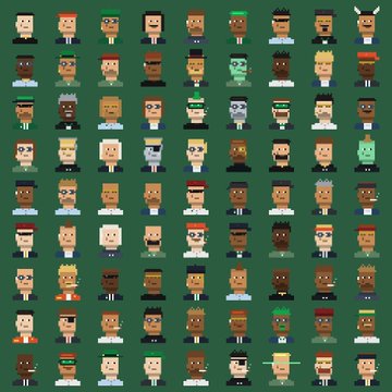 A grid of pixel art character portraits featuring various male faces with different hairstyles, skin tones, and expressions on a dark green background.
