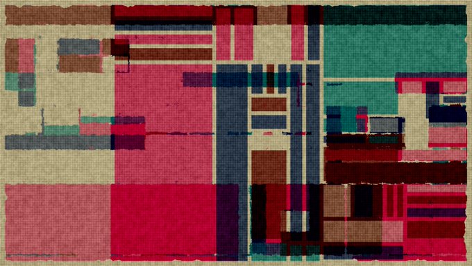 An abstract geometric rug or tapestry featuring a patchwork of red, pink, blue, green, and brown rectangular shapes.