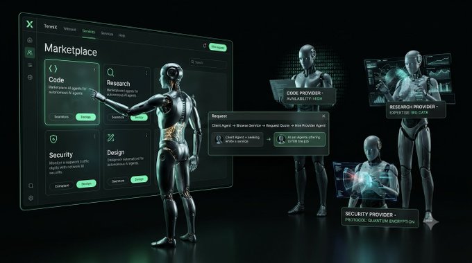A TermiX marketplace interface shows various service categories like Code, Research, Security, and Design, alongside humanoid robots representing different providers with labels like 'Code Provider', 'Research Provider', and 'Security Provider.'