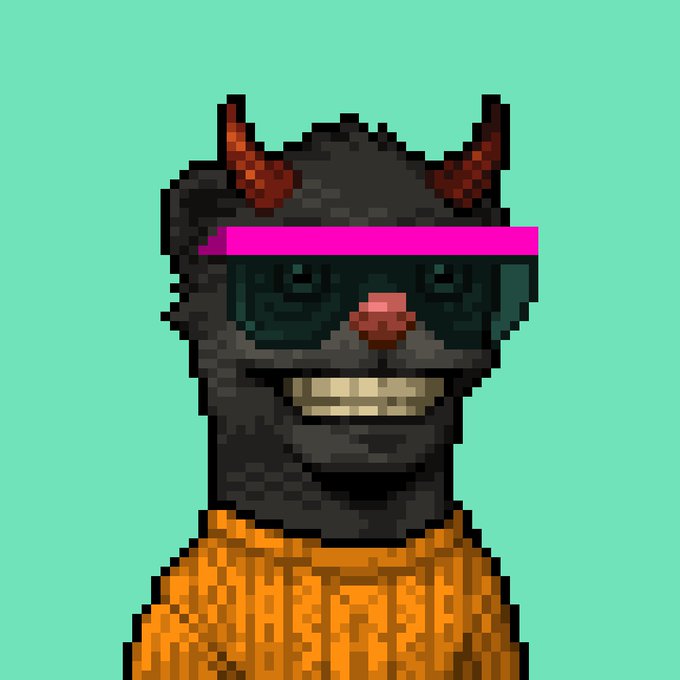 A pixel art character featuring a dark, horned creature wearing a pink visor and an orange sweater against a teal background.