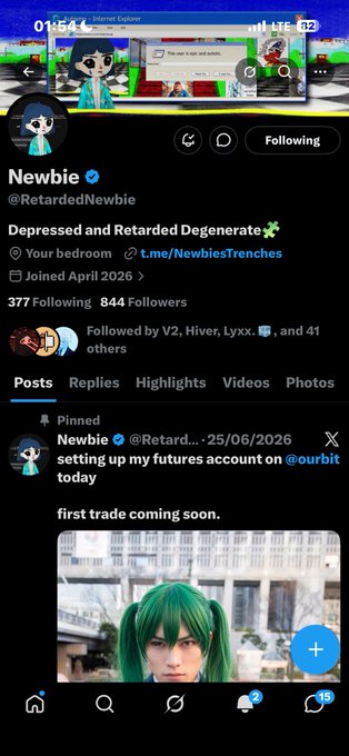 A screenshot of a Twitter/X profile for "Newbie" (@RetardedNewbie) with the bio "Depressed and Retarded Degenerate," showing a pinned post dated 25/06/2026 about setting up a futures account on @ourbit, alongside what appears to be a cryptocurrency wallet address shared in the accompanying post.