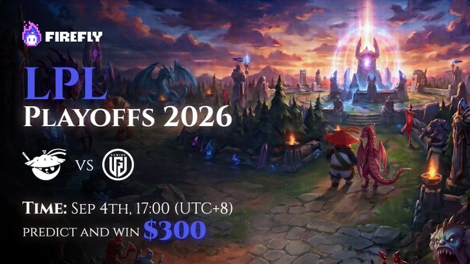A promotional graphic for the **LPL Playoffs 2026** featuring an Epic Esports x Firefly prediction contest, with **Anyone's Legend (AL) vs LGD Gaming** scheduled for **Sep 4th at 17:00 (UTC+8)** and a **$300** prize for accurate predictions.

The image ties directly to the post by hyping the upcoming AL vs LGD matchup and inviting viewers to put "skin in it" by making predictions for cash, as mentioned in the caption.
