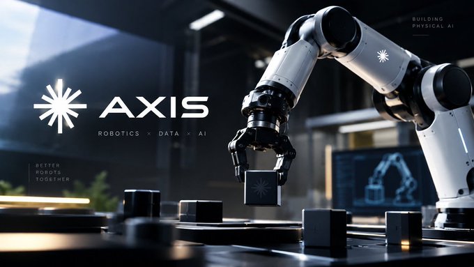 Promotional image for AXIS Robotics featuring a white robotic arm and the tagline 'BUILDING PHYSICAL AI' with 'ROBOTICS × DATA × AI' beneath the logo.