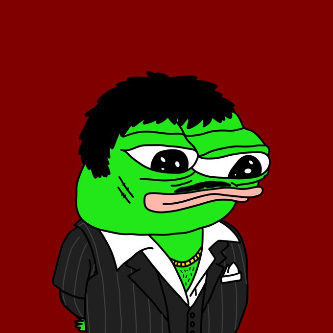 An AI-generated image of a sad Pepe the Frog character with black hair, scars on his face, and wearing a pinstripe business suit with a white shirt and pocket square against a dark red background.