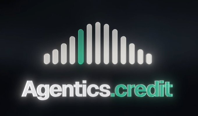 A logo on a black background displaying the text 'Agentics.credit' beneath a stylized graphic of white and green audio wave bars.