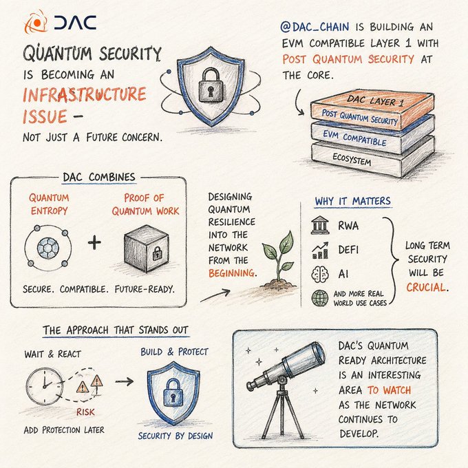 An infographic explaining DAC's quantum security approach, combining quantum entropy and proof of quantum work for an EVM compatible Layer 1 blockchain with post-quantum security.