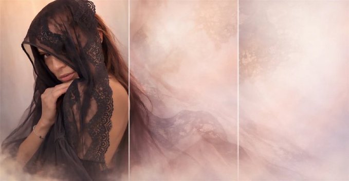 A triptych photograph featuring a woman in a black lace veil on the left, with the center and right panels fading into a soft, dreamy misty haze in pink and white tones.
