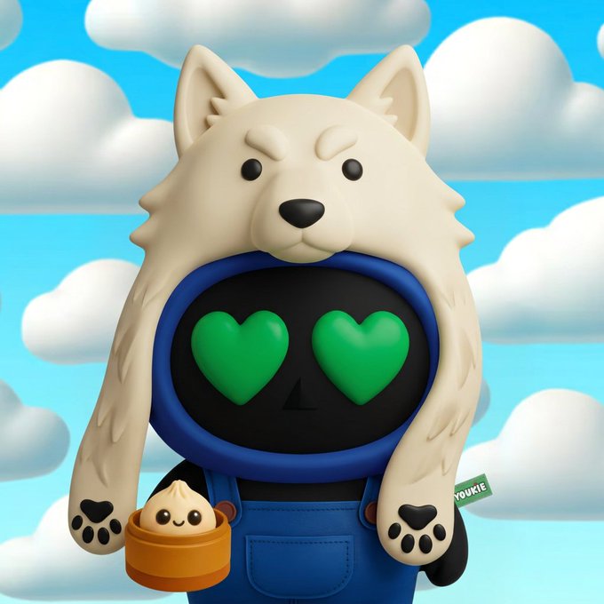 A 3D rendered character wearing a white wolf-like hood with green heart-shaped eyes, a blue outfit, and holding a small smiling dumpling figure against a sky with clouds.