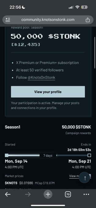 Mobile screenshot of a community.knotsontonk.com page showing a '50,000 $STONK' reward pool for Season 1 requiring X Premium subscription and 50 verified followers, with campaign ending 'Mon, Sep 21' and market price listed as '$KNOTS $0.01986 MCap $19.87M'.