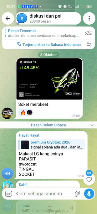 A mobile chat screenshot shows messages in Indonesian, including a post about 'SOCKET PnL' with a '+148.45%' gain and a message mentioning 'premium Cryptoiz 2026'.