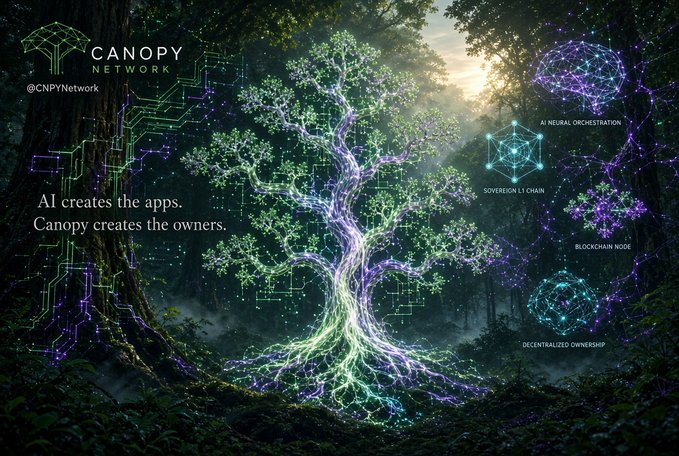 A promotional graphic for 'CANOPY NETWORK' (@CNPYnetwork) featuring a glowing, digital tree in a forest setting, with text 'AI creates the apps. Canopy creates the owners.' and labels like 'AI NEURAL ORCHESTRATION' and 'BLOCKCHAIN NODE'.