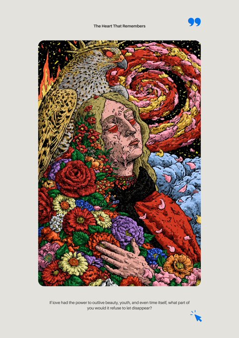 An illustrated card titled "The Heart That Remembers" featuring a figure with a falcon, surrounded by vibrant roses and a swirling galaxy, with text asking: "If love had the power to outlive beauty, youth, and even time itself, what part of you would it refuse to let disappear?"