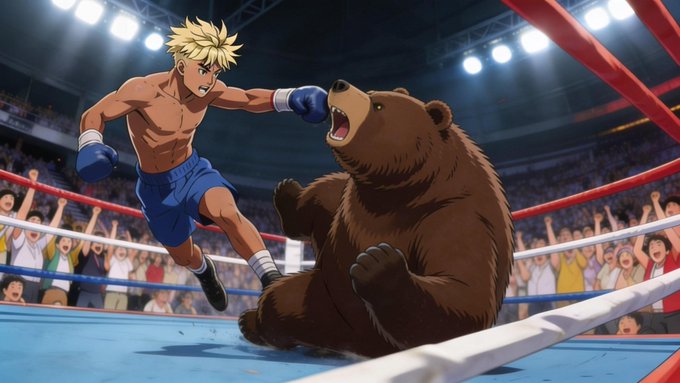 An anime-style illustration of a blonde, blue-shorted boxer punching a roaring brown bear in a brightly lit boxing ring surrounded by a cheering crowd.