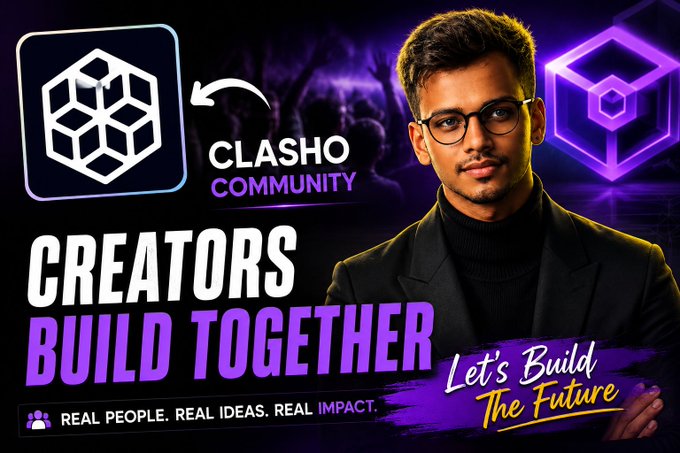A promotional graphic featuring a man in a black turtleneck and blazer alongside text reading 'CLASHO COMMUNITY', 'CREATORS BUILD TOGETHER', 'REAL PEOPLE. REAL IDEAS. REAL IMPACT.', and a handwritten-style note saying 'Let's Build The Future'.