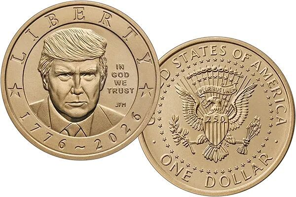 A gold-colored commemorative coin featuring Donald Trump's portrait on the obverse (labeled 'LIBERTY' and '1776~2026') and a bald eagle seal on the reverse (labeled 'UNITED STATES OF AMERICA' and 'ONE DOLLAR').