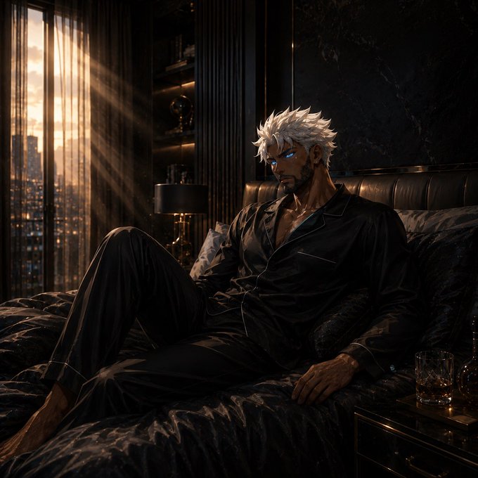 A muscular anime-style man with spiky white hair and glowing blue eyes sits on a dark bed wearing black silk pajamas, lit by warm golden sunlight streaming through window blinds.