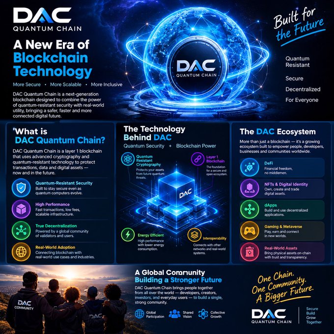 A promotional infographic for DAC Quantum Chain, a blockchain technology described as "A New Era of Blockchain Technology" with quantum-resistant cryptography, layer 1 blockchain, and a global community building toward "One Chain, One Community, A Bigger Future."