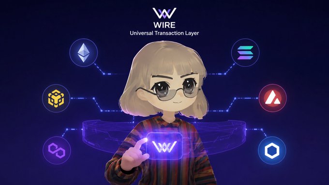 An anime-style character with glasses points to a glowing 'W' emblem, with 'WIRE Universal Transaction Layer' displayed above and cryptocurrency logos connected by lines in the background.