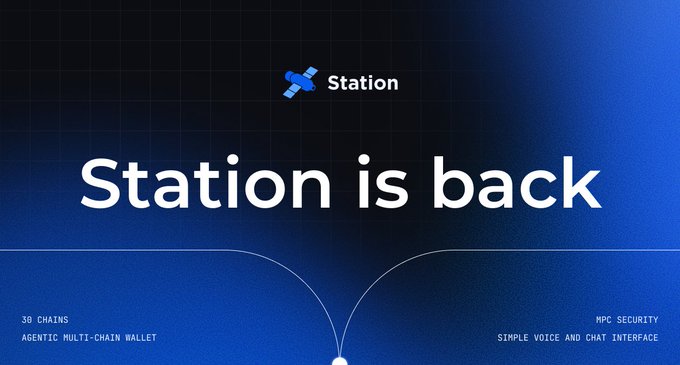 The image features a blue background with white text that reads "Station is back". Below this, there are two lines of text that read "@StationWallet" and "@Vultisig". The first line refers to an agentic multi-chain wallet from the Terra era, while the second line mentions that the wallet is now returning as an agentic multi-chain wallet. The post also mentions that the wallet is MPC-secured by @Vultisig and that it is ready for a transition to an airdrop live.
