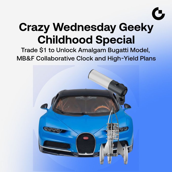The image features a blue Bugatti Veyron car prominently displayed, accompanied by an advertisement for children's day gifts. The text in the background explains that the offer allows users to trade $1 to unlock Amalagam Bugatti Model, MB&F collaborative clock and high-yield plans. This suggests a connection between the value of cars or other items being offered as rewards for trading, specifically related to children's day gifts or other special occasions.