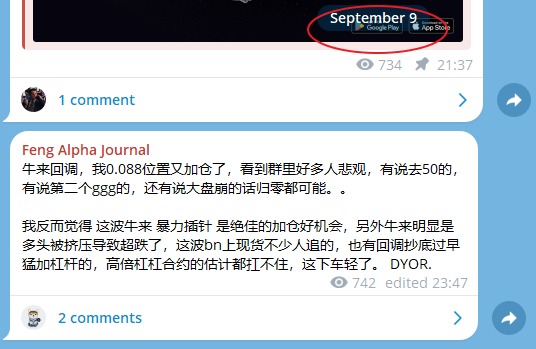 The image shows a Chinese-language social media post by "Feng Alpha Journal" (with 734 views, 1 comment on the main post and 742 views, 2 comments on the reply), discussing a user who "added to their position at 0.0880 after waking up" and expressing an optimistic contrarian view that the violent plunge is a perfect buying opportunity, with "DYOR" (Do Your Own Research) as a disclaimer. This relates to the accompanying post about not missing the bull market—echoing the sentiment that current prices present an ideal all-in opportunity rather than a reason to exit the market.