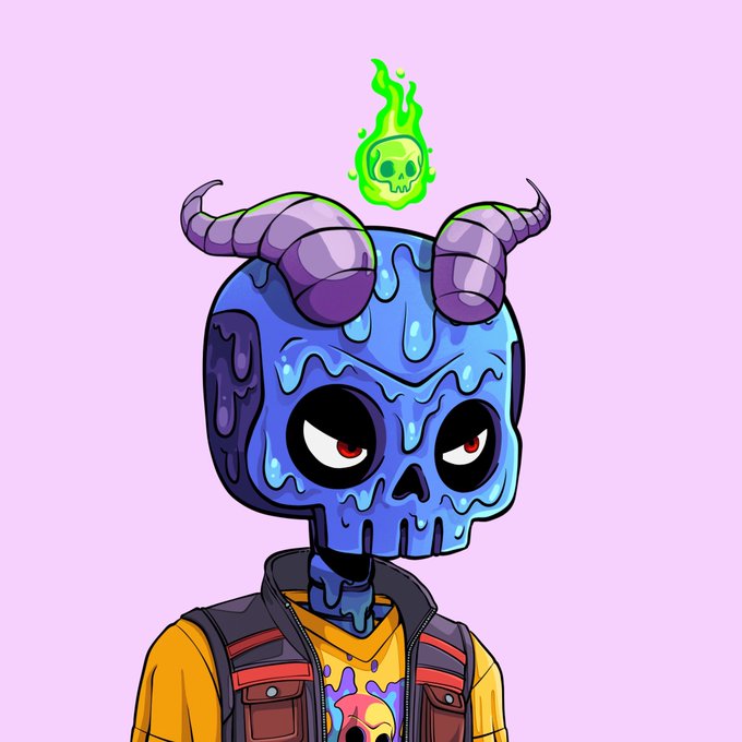 A cartoon-style illustration of a blue-skinned skull character with purple horns, red eyes, and a small green flaming skull floating above its head, wearing a yellow shirt and vest.