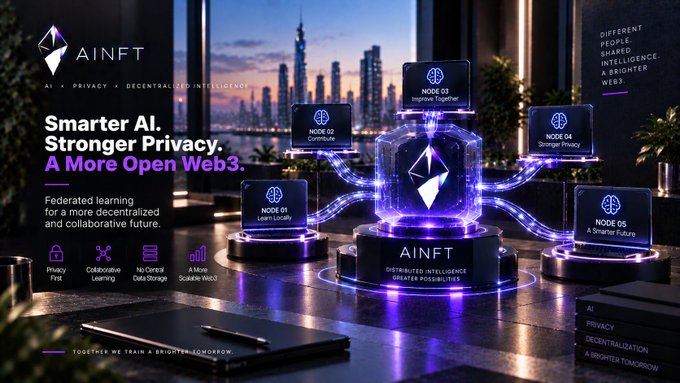 AINFT promotional graphic stating 'Smarter AI. Stronger Privacy. A More Open Web3,' focusing on federated learning and decentralized intelligence.