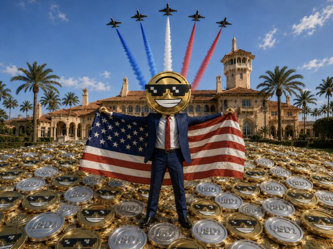 A man in a suit wearing pixelated sunglasses and a smiling emoji mask stands triumphantly holding an American flag in front of a mansion, surrounded by a sea of gold and silver coins branded "USDI," with fighter jets trailing red, white, and blue smoke overhead—symbolizing patriotism, financial freedom, and the 1-year onchain anniversary of the USDI token this Independence Day.