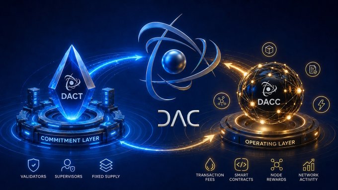 A promotional graphic for DAC (DACT/DACC) showing a dual-layer blockchain architecture with a blue 'COMMITMENT LAYER' on the left and a gold 'OPERATING LAYER' on the right, featuring icons for validators, transaction fees, smart contracts, and node rewards.