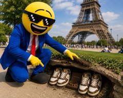 A person dressed in a suit with a yellow smiley face emoji wearing sunglasses crouches near the Eiffel Tower in Paris, displaying rows of sneakers arranged as if for a hidden prize hunt, promoting a TikTok challenge to find the "Memecoiners."