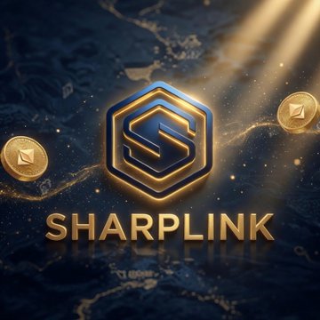 The image features a logo with the word "Sharplink" written in gold letters, surrounded by three golden coins. The background of the image is dark blue, and there are rays of light shining down from the top left corner towards the bottom right corner. The caption below the image reads "NEWS- @Sharplink is reportedly holding 1M $ETH joins #RusselI Index bullish for #Eth holders".