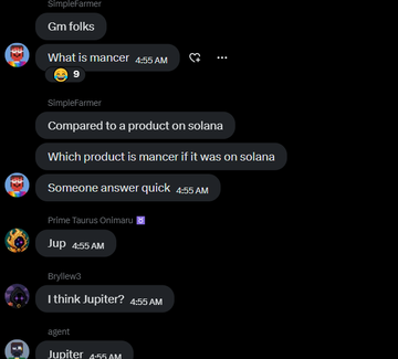 A Discord chat shows users discussing "Mancer" at 4:55 AM, with "SimpleFarmer" comparing it to a Solana product and identifying it as Jupiter, which "Prime Taurus Onimaru," "Brylew3," and "agent" all confirm. The conversation relates to a post analyzing $UP and $MANCER, where Jupiter is cited as a comparable DEX/AMM on Solana with a market cap (171M) similar to UP's (200M), suggesting potential parallels between the two projects.