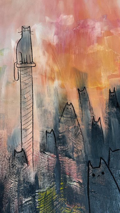 A whimsical mixed-media artwork features a simple line-drawn cat perched atop a tall, striped tower against a vibrant sunset sky, while a shadowy cityscape of cat-shaped silhouettes fills the lower portion. The piece embodies the "What Yuliya Sees" collaboration between Chaz Wesley and chepurnyh_, with its dreamy cat-populated cityscape reflecting the artistic vision offered through the Objkt.com NFT collection.