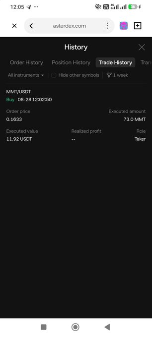 AsterDEX trade history screenshot showing a completed buy order for 73.0 MMT at 0.1633 per unit, totaling 11.92 USDT, executed on 08-28.