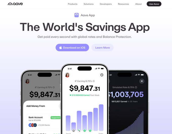 The Aave website homepage advertises "The World's Savings App" with the tagline "Get paid every second with global rates and Balance Protection," featuring iPhone mockups displaying balances like $9,847.31.
